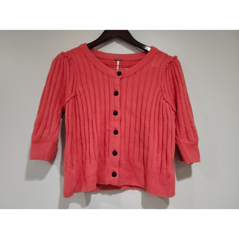 Free People Sloane Cardigan Sweater Womens Large Coral Clay Ribbed Button Front